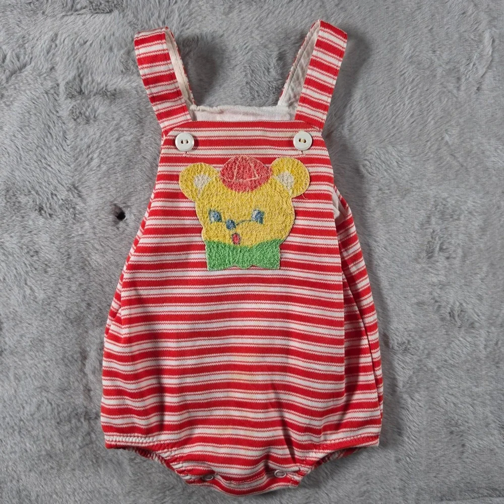 Carter's Romper Unisex‎ 12 Months Red Striped Vintage Bear Applique USA Sunsuit